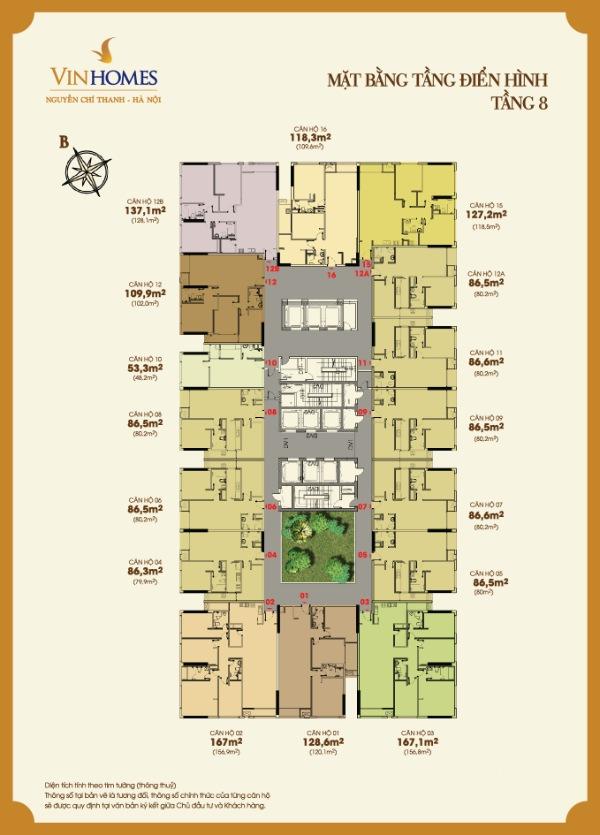 Mặt bằng tầng 8 điển hình các căn hộ cho thuê Vinhomes Nguyễn Chí Thanh