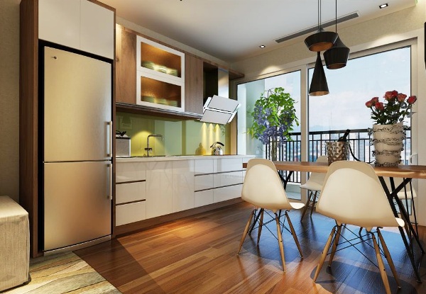 Sàn phòng khách và phòng bếp được cán phẳng, lát bằng gỗ công nghiệp dày 12mm