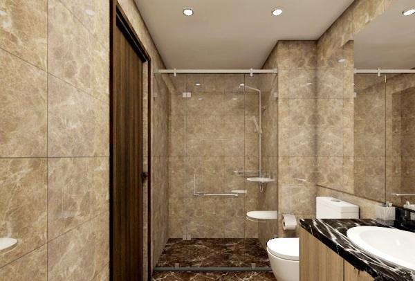 Phòng vệ sinh có vách ngăn kính giữa khu vực tắm và vệ sinh